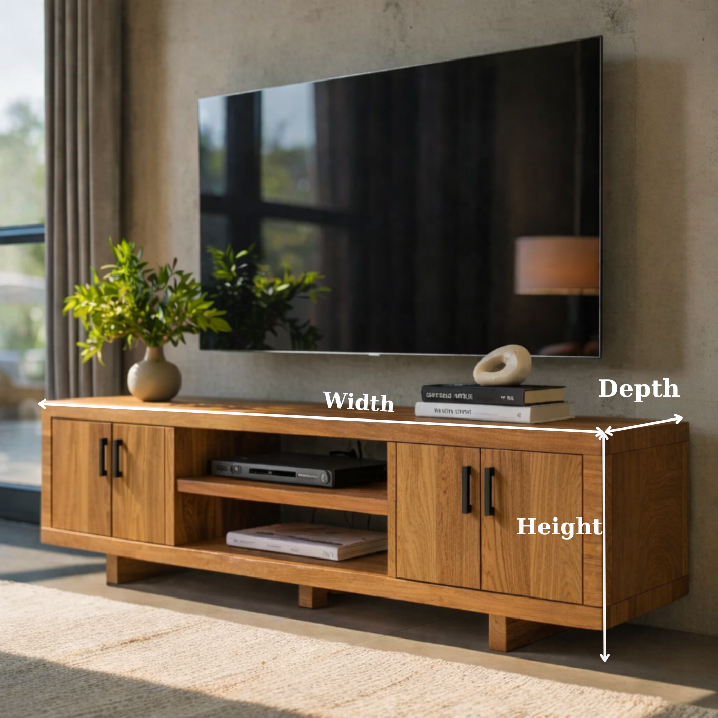 Modern Solid Wood TV Stand with Storage Cabinets and Open Media Shelf Kitchnce