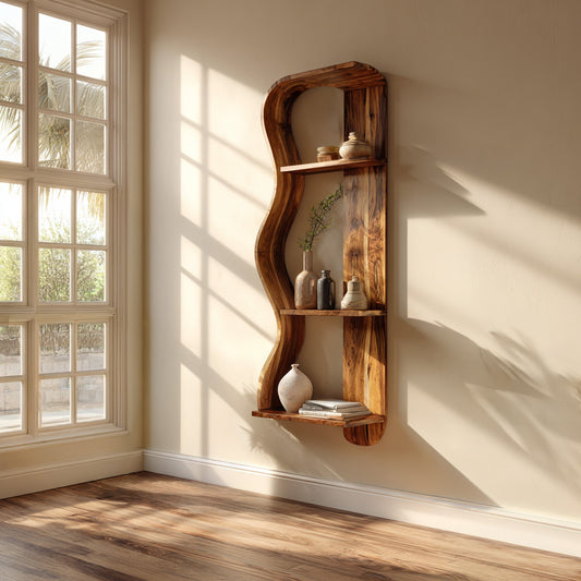 Vertical Wood Wall Shelf With Sculptural Open Display