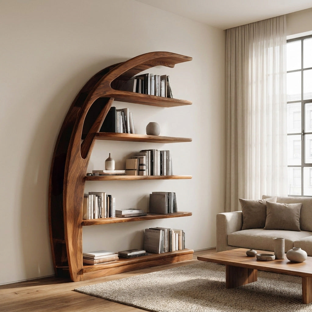 Minimal Curved Wooden Bookshelf For Living Room Display Kitchnce