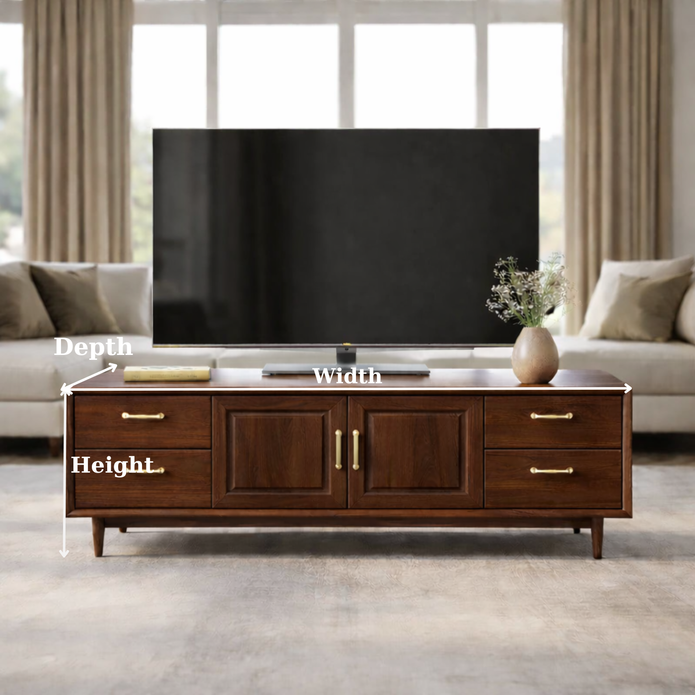 Mid-Century Solid Wood TV Stand with Drawers and Cabinet Storage Kitchnce
