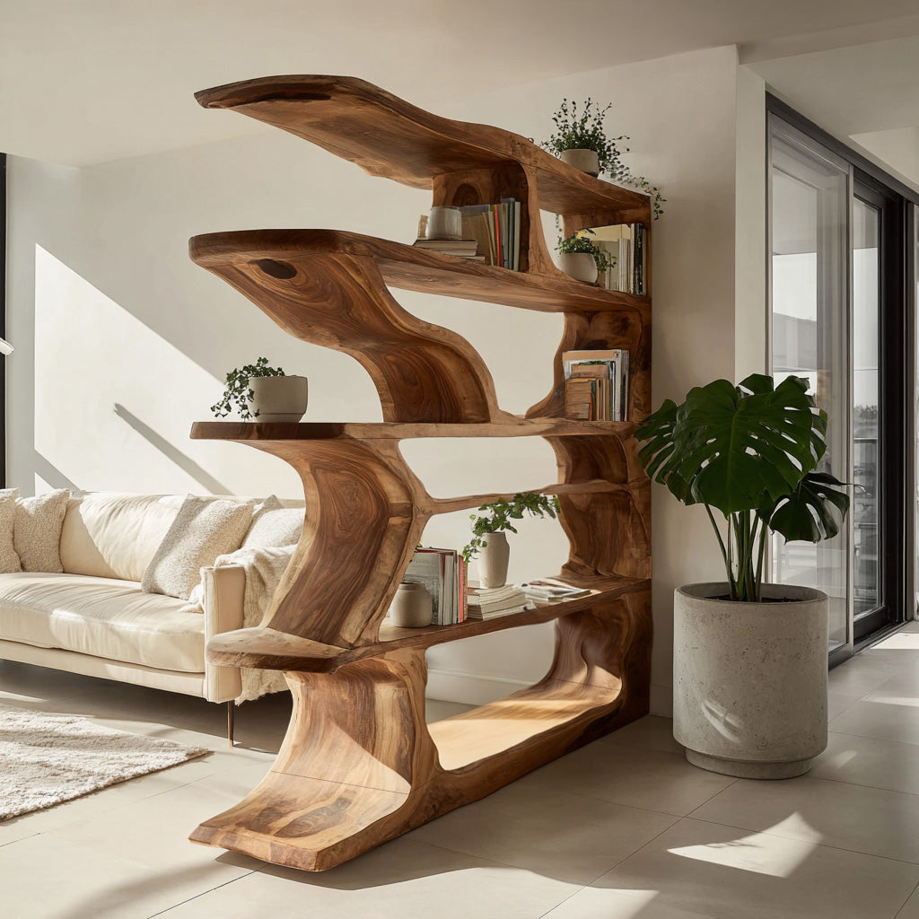 Contemporary Artistic Wooden Bookshelf For Living Room Storage Kitchnce