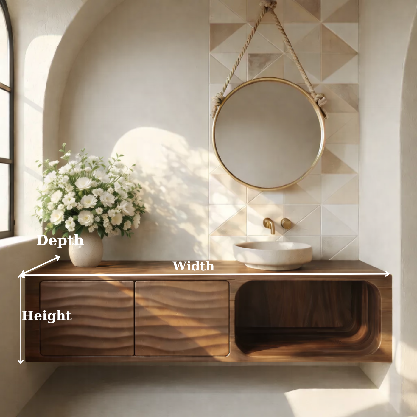 Floating Solid Wood Bathroom Vanity with Textured Cabinet Doors and Open Shelf for Contemporary Homes Kitchnce
