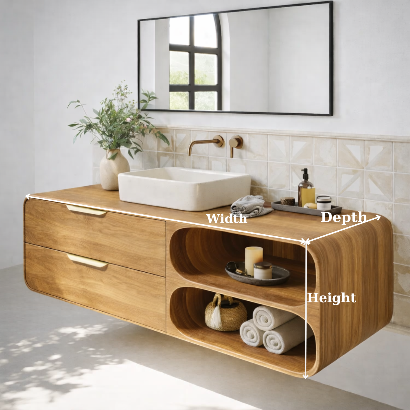 Floating Solid Wood Bathroom Vanity with Drawers and Open Curved Shelves for Modern Bathrooms Kitchnce