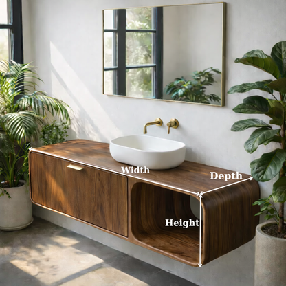 Contemporary Solid Wood Floating Bathroom Vanity with Open Side Shelf Kitchnce