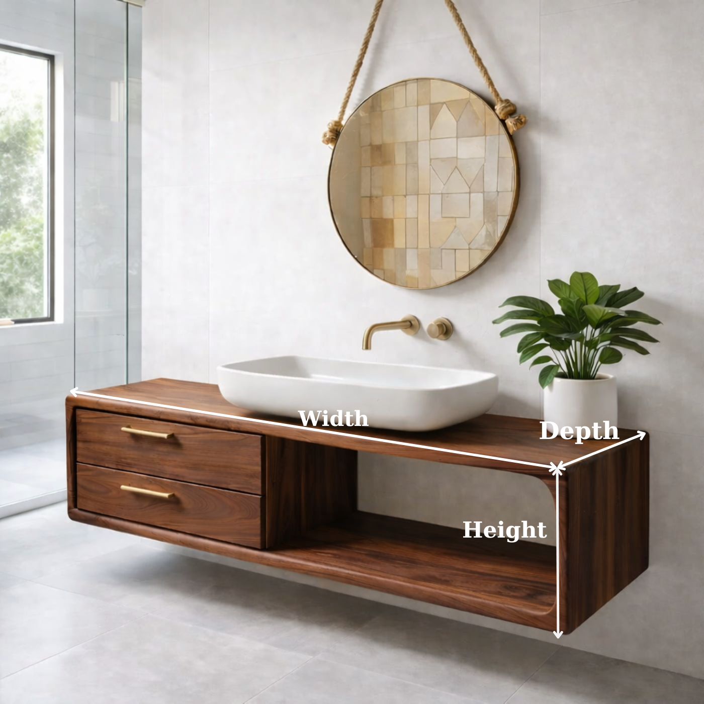 Modern Solid Wood Floating Bathroom Vanity with Double Drawers and Open Shelf Kitchnce