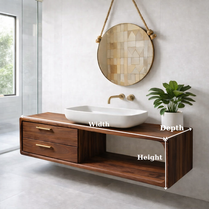 Modern Solid Wood Floating Bathroom Vanity with Double Drawers and Open Shelf Kitchnce