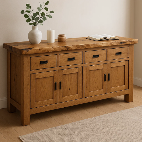 Handcrafted Solid Wood Live Edge Console Table – Natural Oak with Drawers and Cabinets Kitchnce