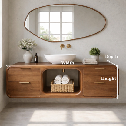 Modern Floating Solid Wood Bathroom Vanity with Open Center Shelf and Drawer Storage Kitchnce