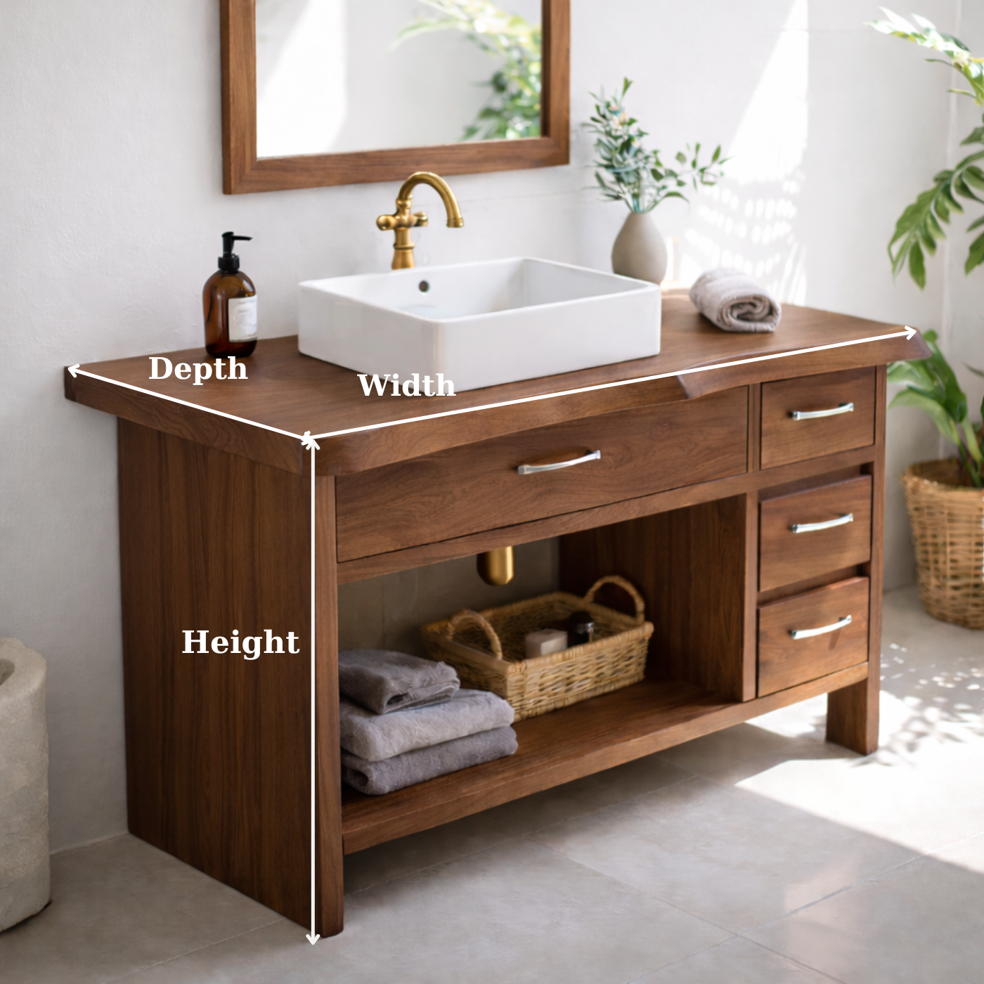 Modern Solid Wood Bathroom Vanity with Multiple Drawers and Open Storage Shelf Kitchnce