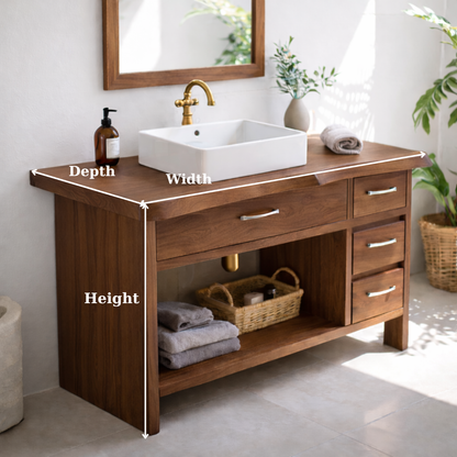 Modern Solid Wood Bathroom Vanity with Multiple Drawers and Open Storage Shelf Kitchnce
