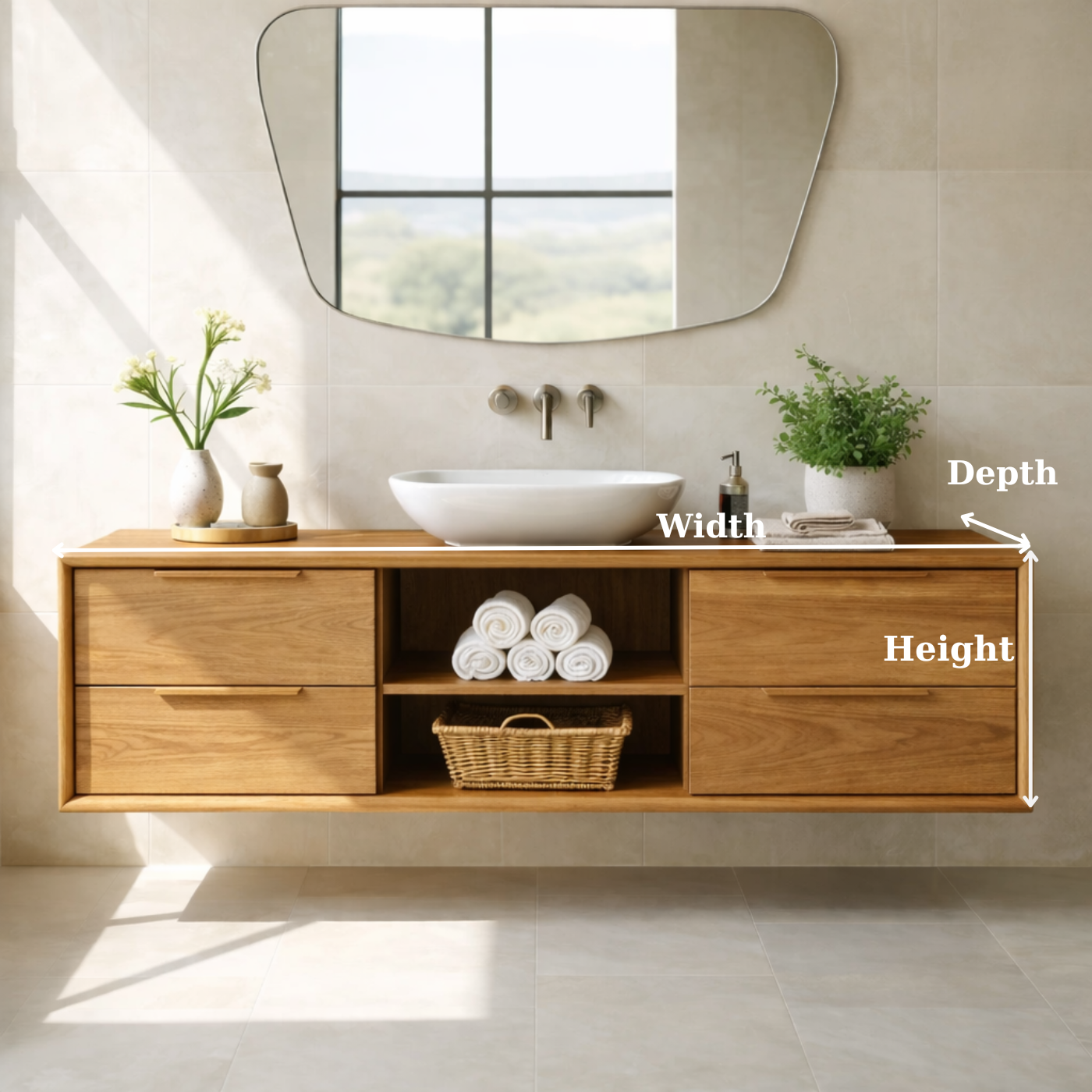Modern Floating Oak Bathroom Vanity with Open Shelf and Double Drawer Storage Kitchnce