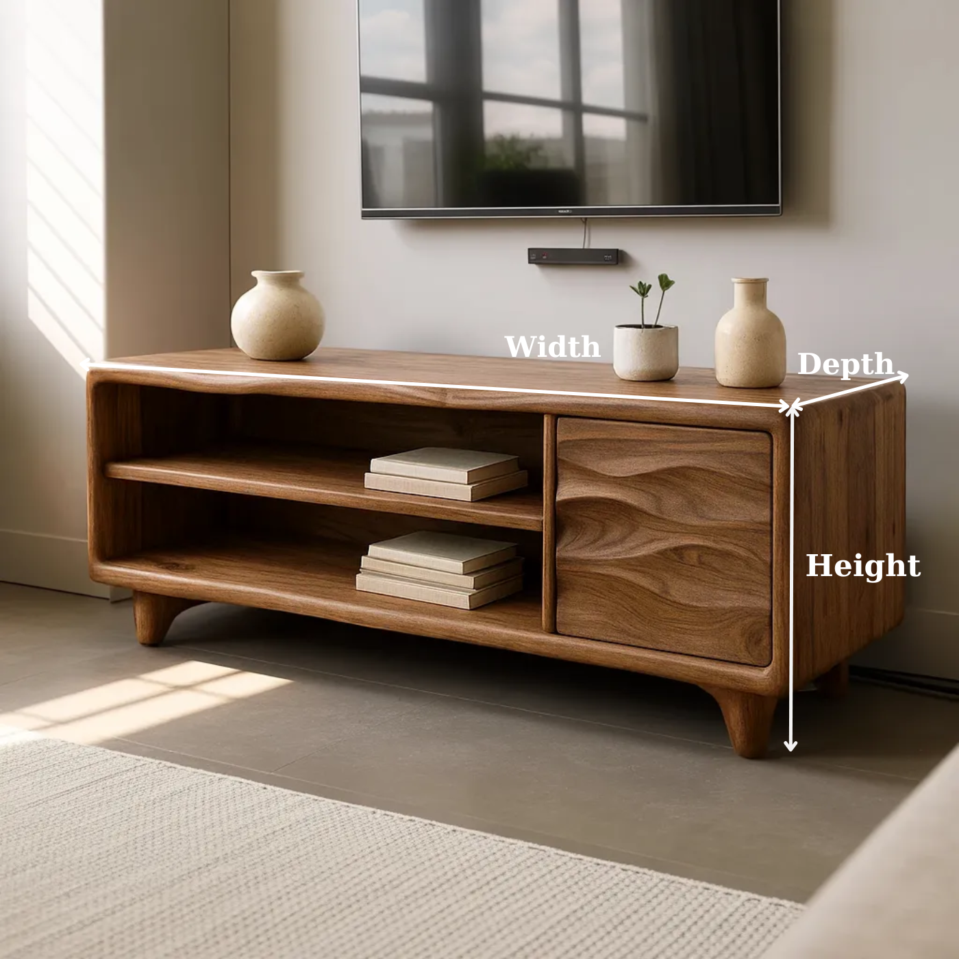 Modern Solid Wood TV Stand with Open Shelves and Wave Grain Cabinet Door Kitchnce