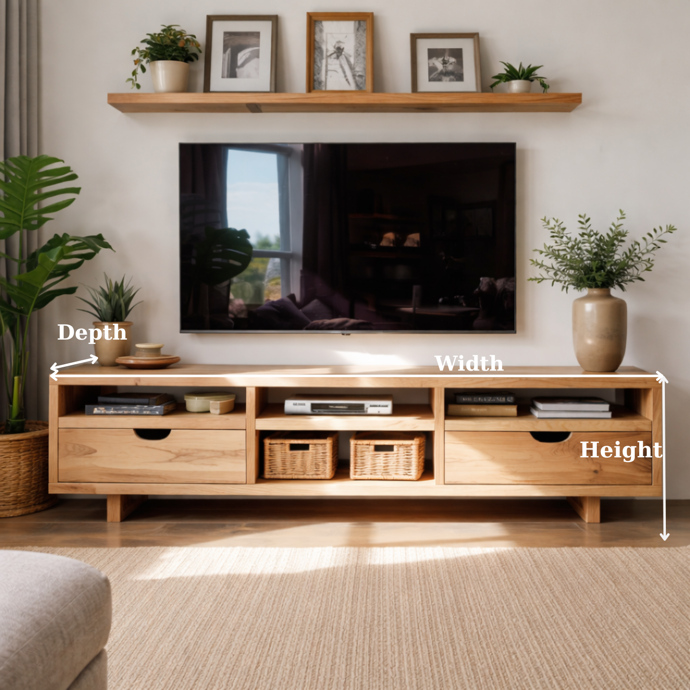 Modern Solid Wood TV Stand with Open Storage and Minimalist Drawers