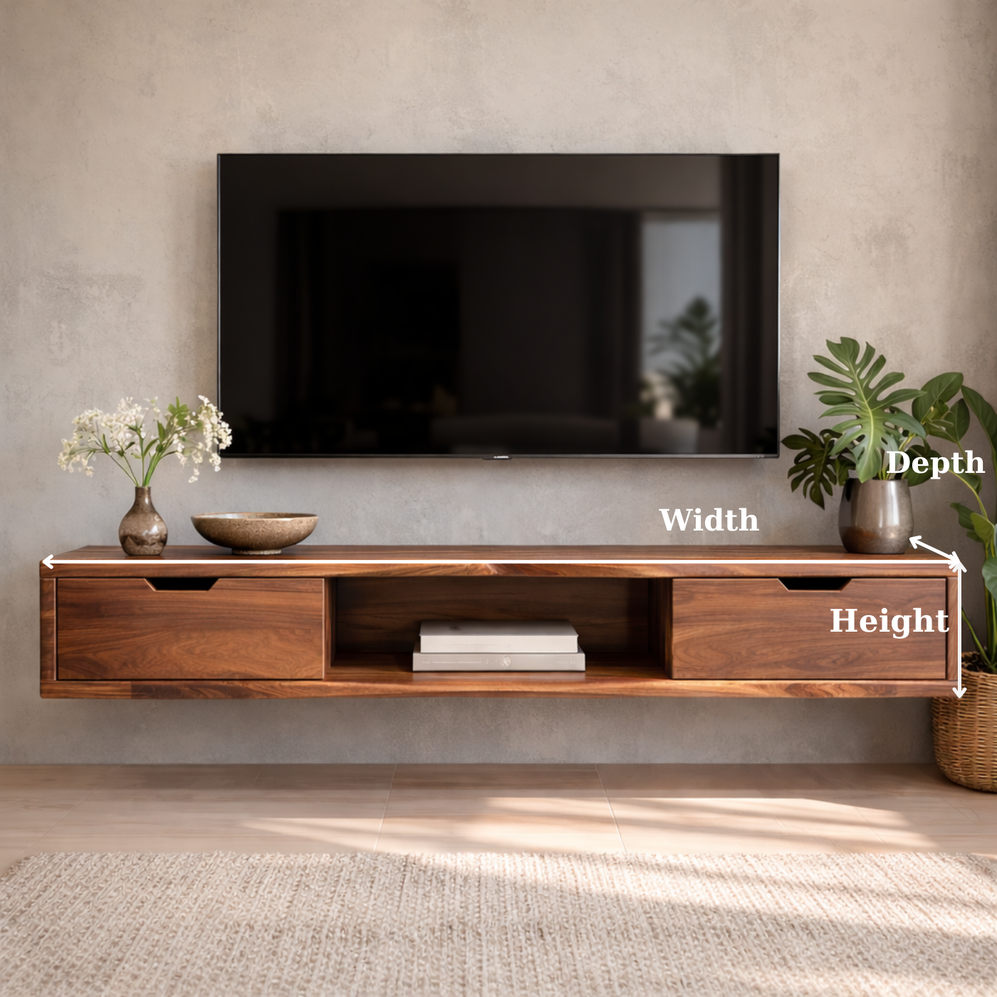Floating Walnut Wood TV Stand with Drawers and Open Media Shelf Kitchnce