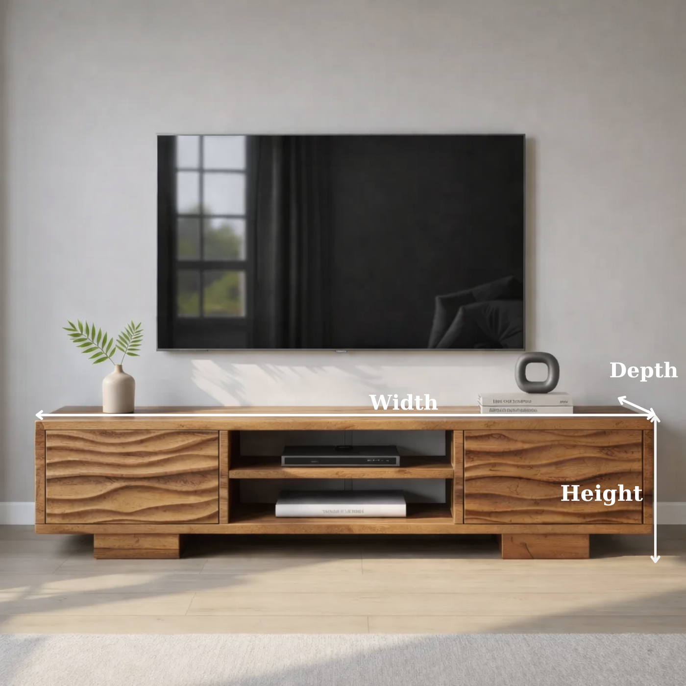 Modern Solid Wood TV Stand with Wave Front Drawers and Open Media Shelf Kitchnce