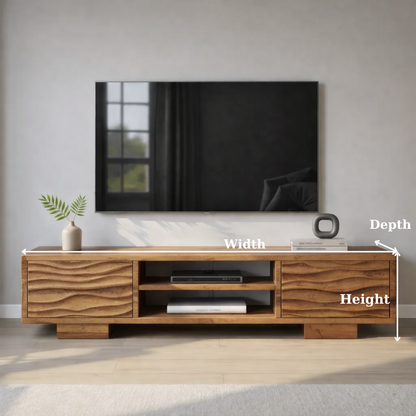 Modern Solid Wood TV Stand with Wave Front Drawers and Open Media Shelf Kitchnce