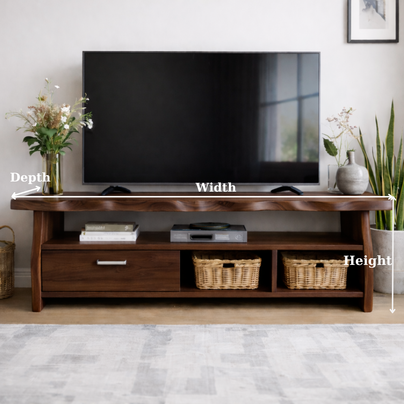 Mid-Century Solid Wood TV Stand with Drawer and Open Storage Shelves Kitchnce