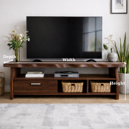 Mid-Century Solid Wood TV Stand with Drawer and Open Storage Shelves Kitchnce