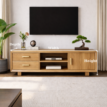 Modern Soild Wood TV Stand with Drawers, Cabinet Door, and Open Media Shelves Kitchnce