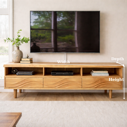 Modern Solid Wood TV Stand with Wave Drawer Fronts and Open Media Shelves Kitchnce