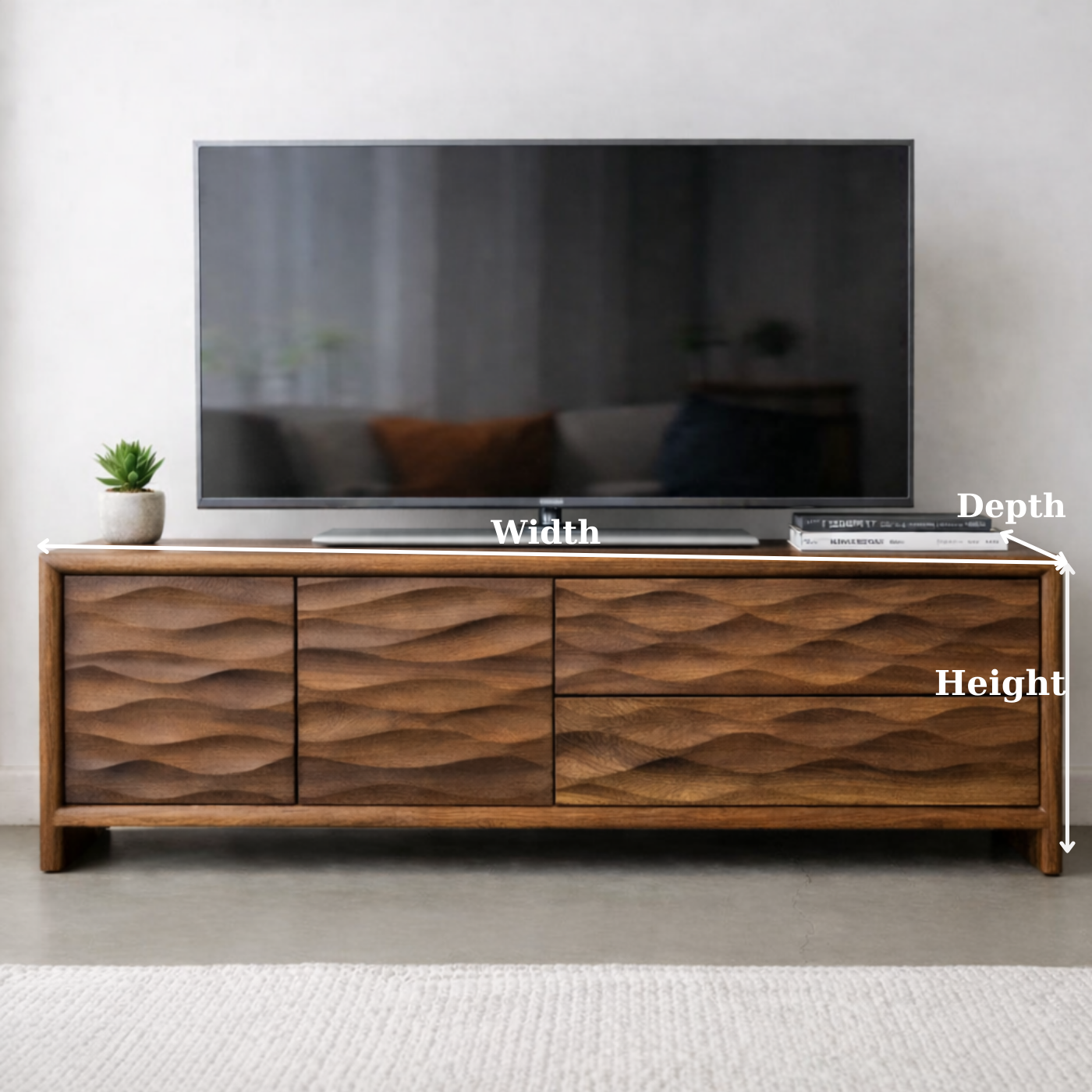 Modern Soild Wood TV Stand with Textured Wave Cabinet Doors and Storage Drawers Kitchnce