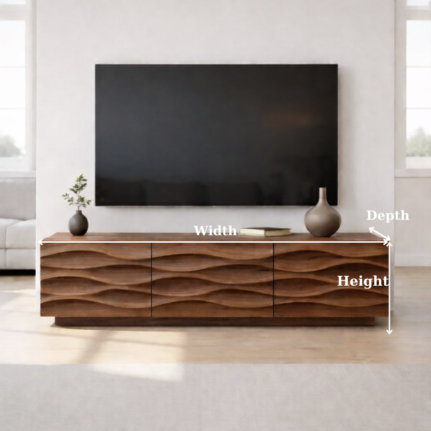 Modern Solid Wood TV Stand with Wave Front Design, Walnut Finish Media Console Cabinet Kitchnce
