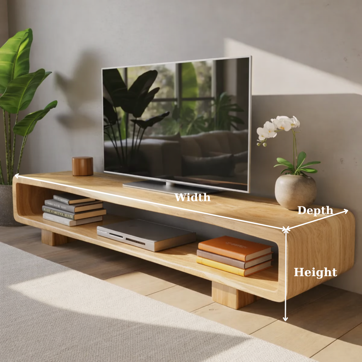 Modern Solid Oak TV Stand with Open Shelf Storage, Minimalist Wooden Media Console Kitchnce
