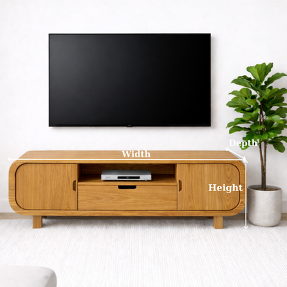 Modern Solid Oak TV Stand with Cabinet Doors and Drawer, Wooden Media Console for Living Room Kitchnce