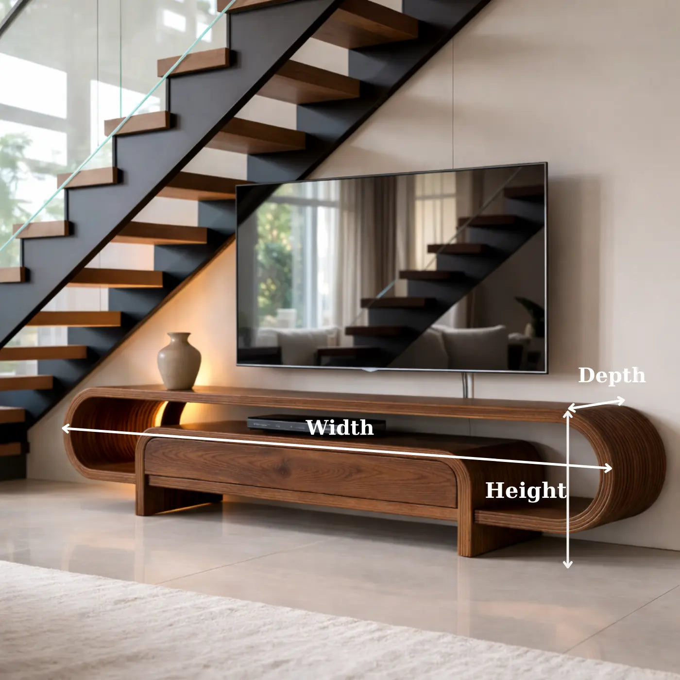 Curved Solid Wood TV Stand with Drawer and Shelf, Modern Walnut Media Console Table Kitchnce