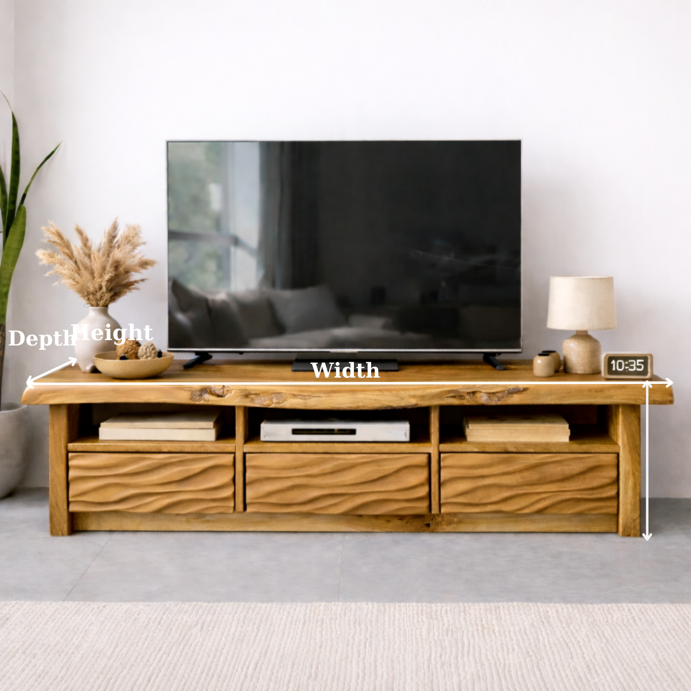 Natural Solid Oak TV Stand with Wavy Drawer Fronts, Rustic Media Console for Living Room