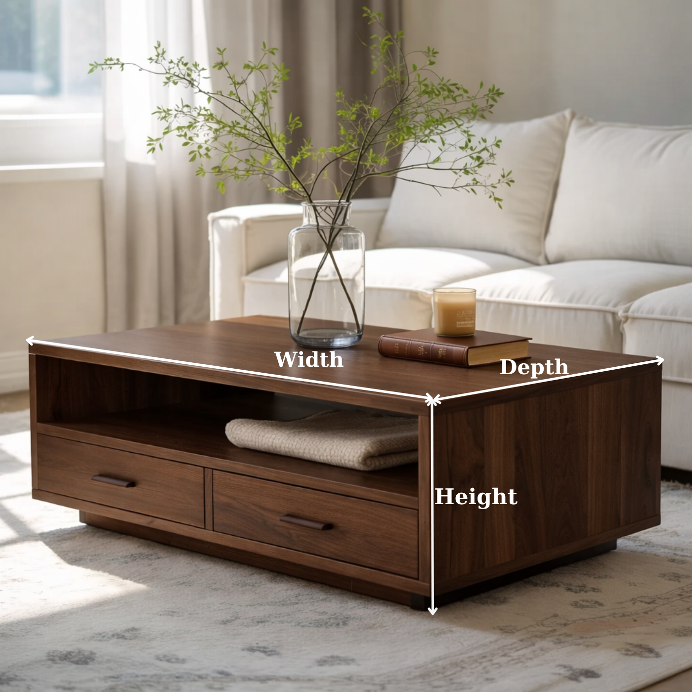 Solid Wood Coffee Table with Storage Drawers, Modern Design for Living Room