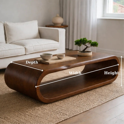 Sculptural Walnut Coffee Table with Curved Design and Open Shelf, Modern Living Room Decor Kitchnce