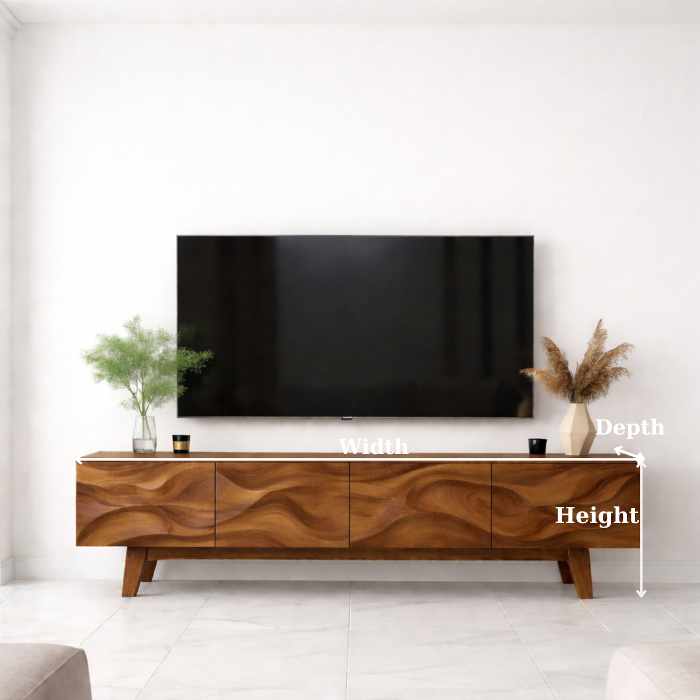 Wave Pattern Solid Wood TV Stand with Storage, Modern Media Console for Living Room Kitchnce