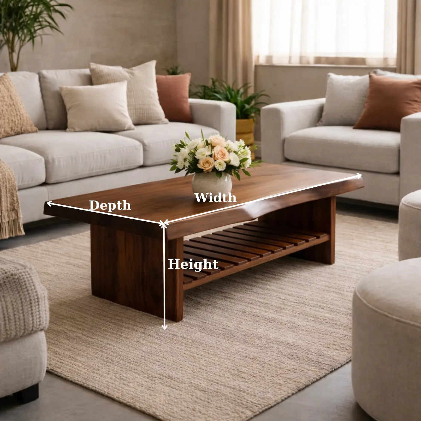 Live Edge Walnut Coffee Table with Slatted Shelf, Natural Modern Design for Living Room Kitchnce