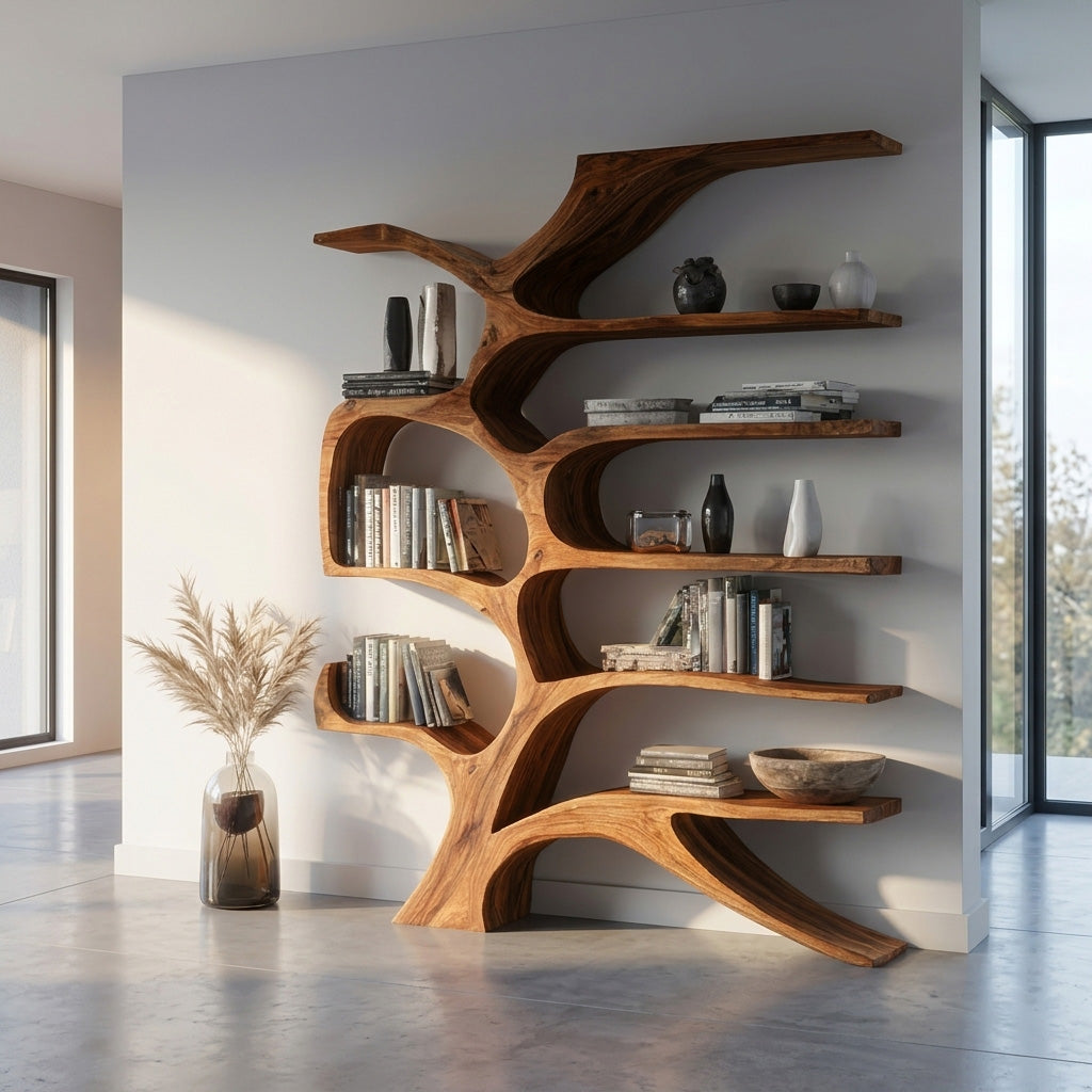 Contemporary Sculpted Wooden Bookshelf For Living Room Decor Kitchnce