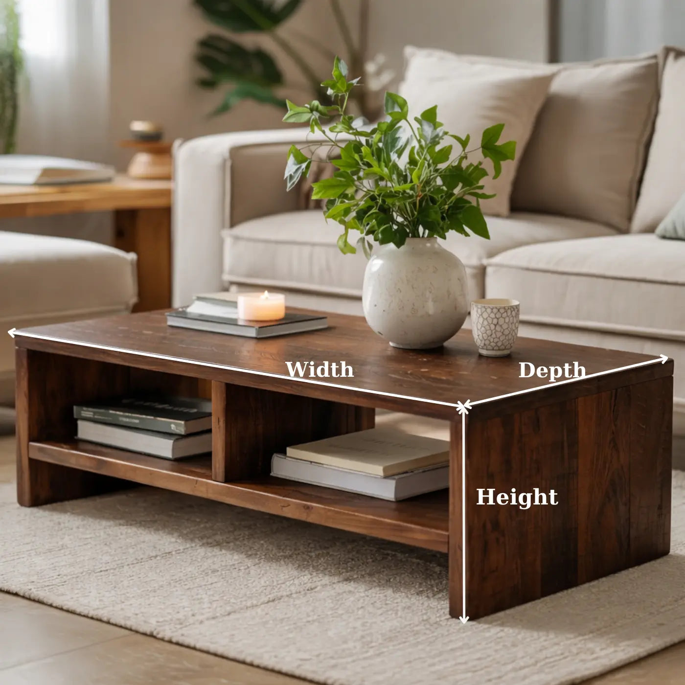 Solid Wood Coffee Table with Open Storage, Rustic Design for Living Room and Décor Kitchnce