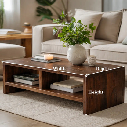 Solid Wood Coffee Table with Open Storage, Rustic Design for Living Room and Décor Kitchnce