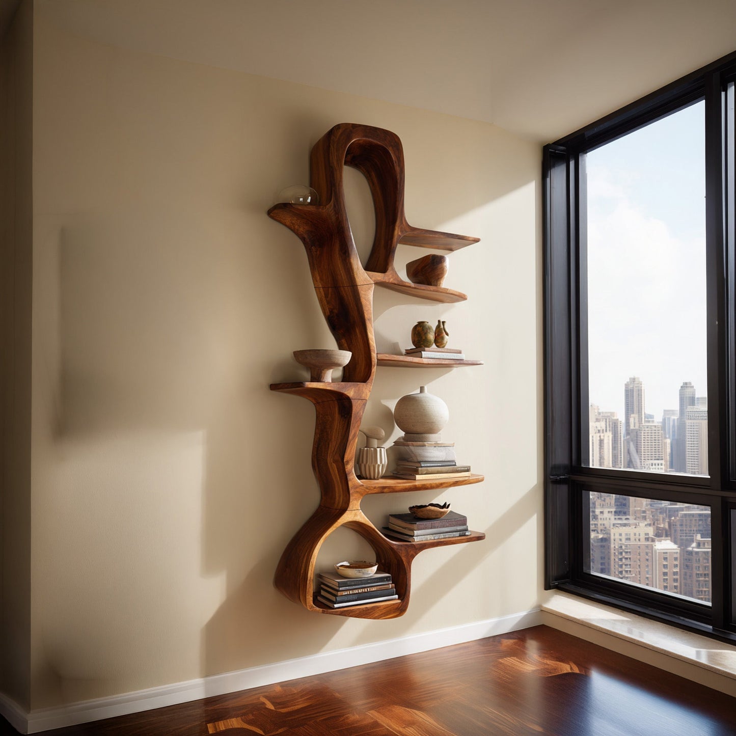 Sculptural Wood Wall Shelf With Vertical Open Display