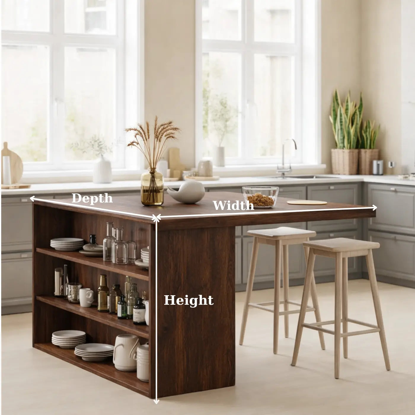 Modern Solid Wood Kitchen Island with Open Storage Shelves, Walnut Kitchen Bar Table Kitchnce