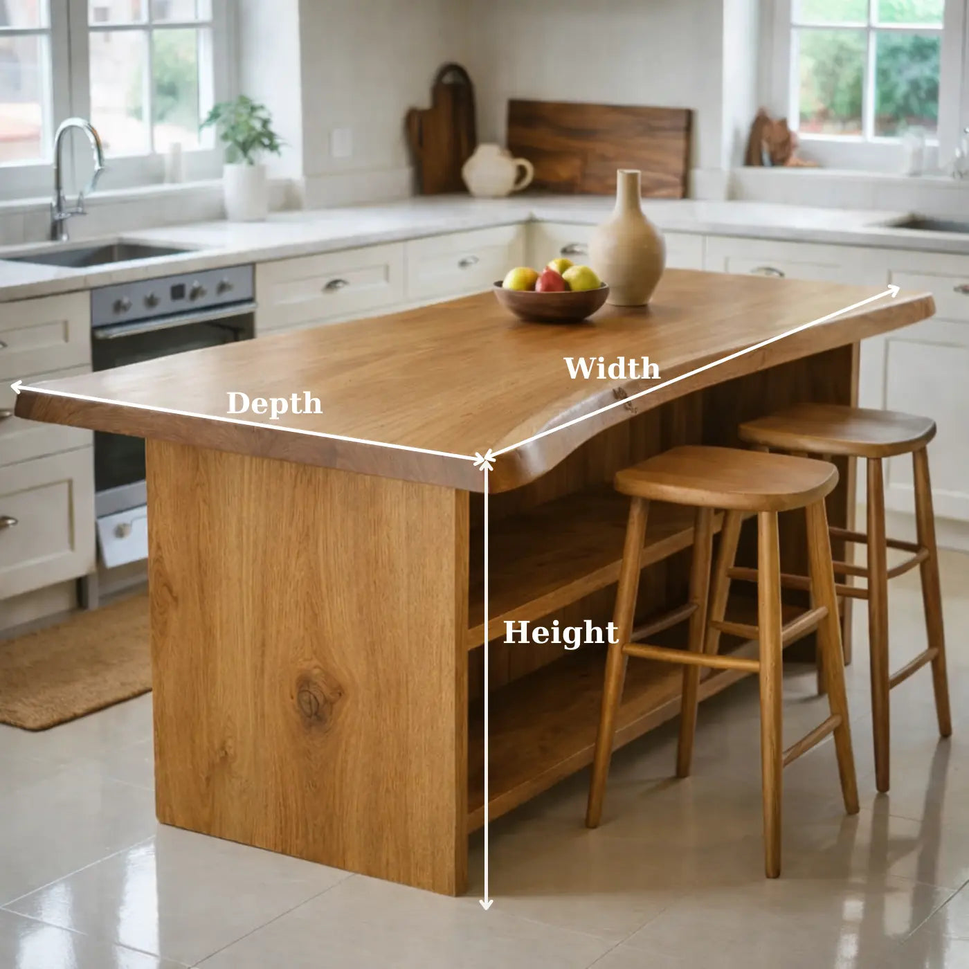 Live Edge Solid Wood Kitchen Island with Open Shelf Storage and Seating Bar Table Kitchnce