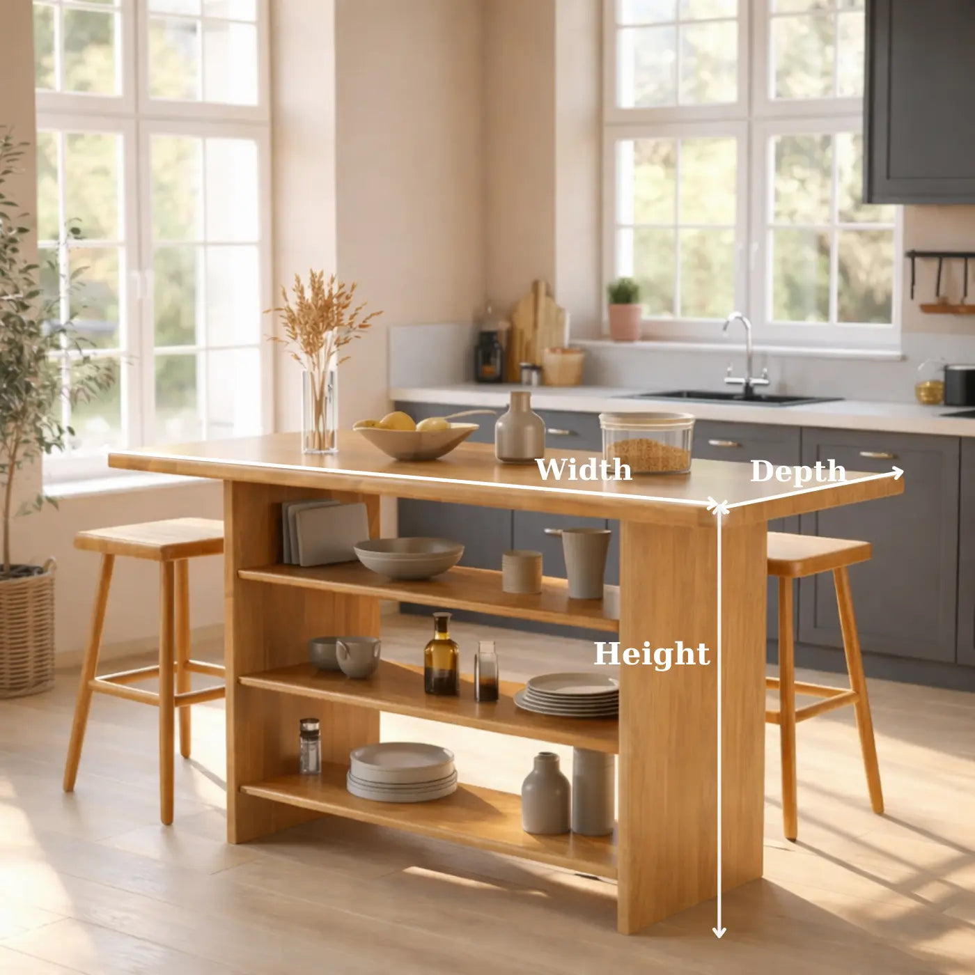 Solid Wood Kitchen Island with Open Storage Shelves and Kitchen Bar Table Kitchnce