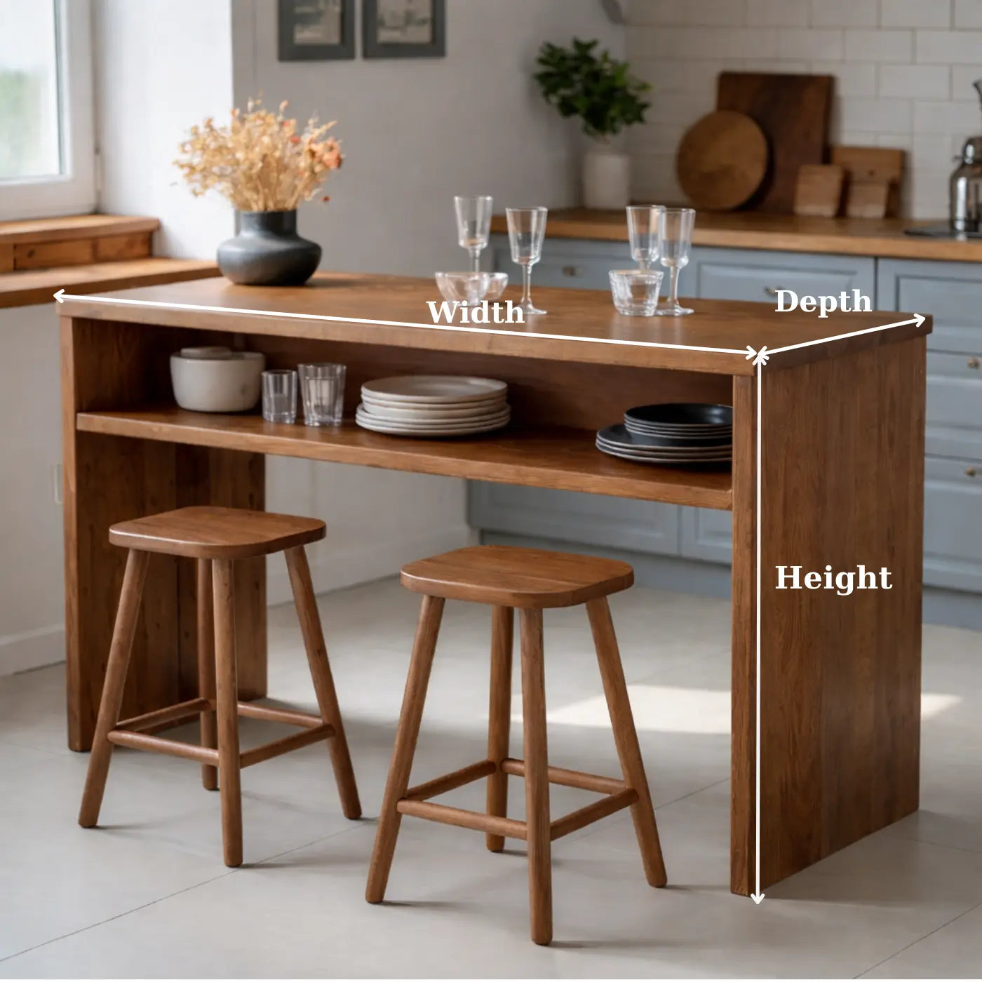 Modern Solid Wood Kitchen Island with Open Shelf Storage and Breakfast Bar Table Kitchnce