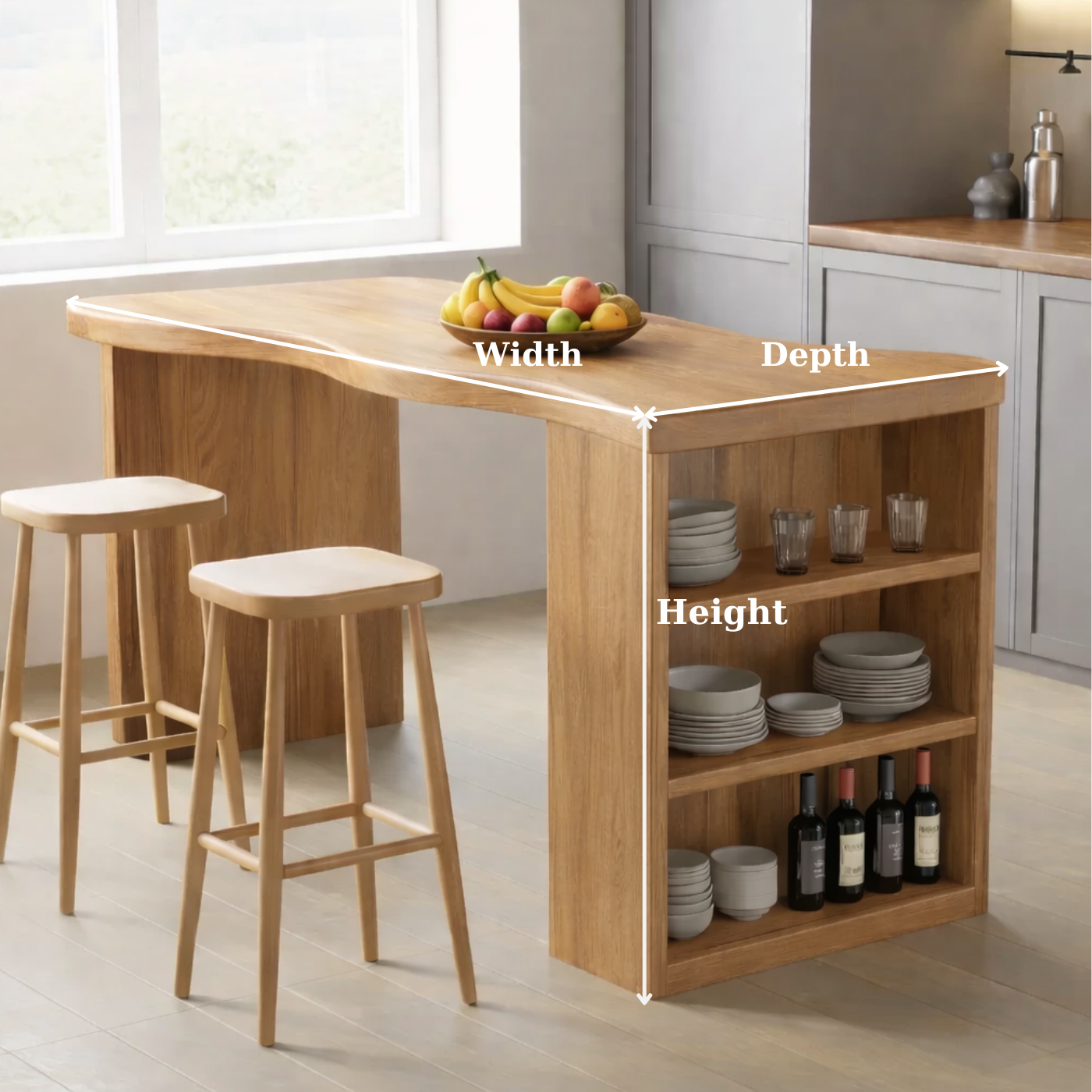 Solid Wood Kitchen Island with Curved Edge Top and Open Shelf Storage Breakfast Bar