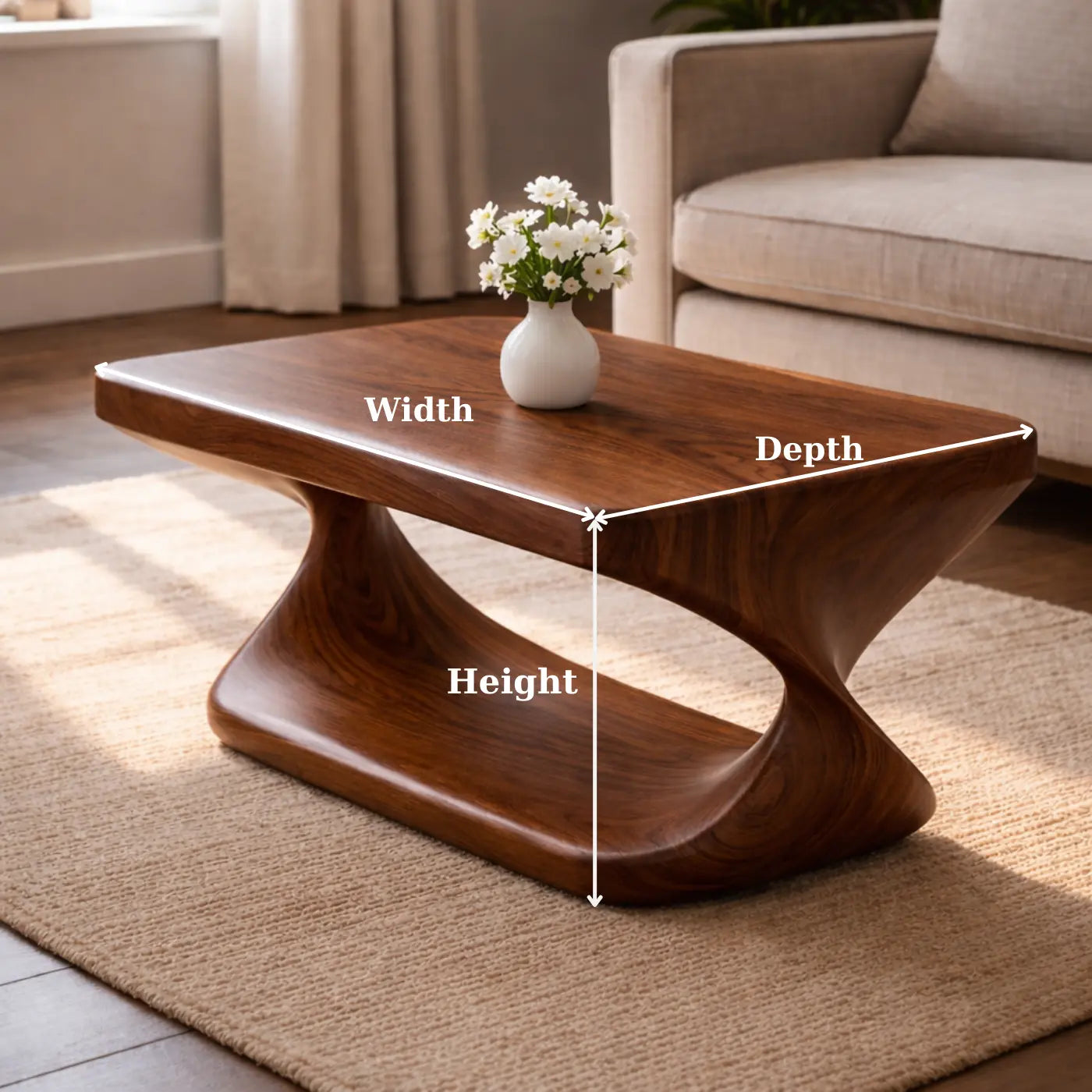 Modern Solid Wood Coffee Table with Sculptural Curved Base and Rectangular Wood Top Kitchnce