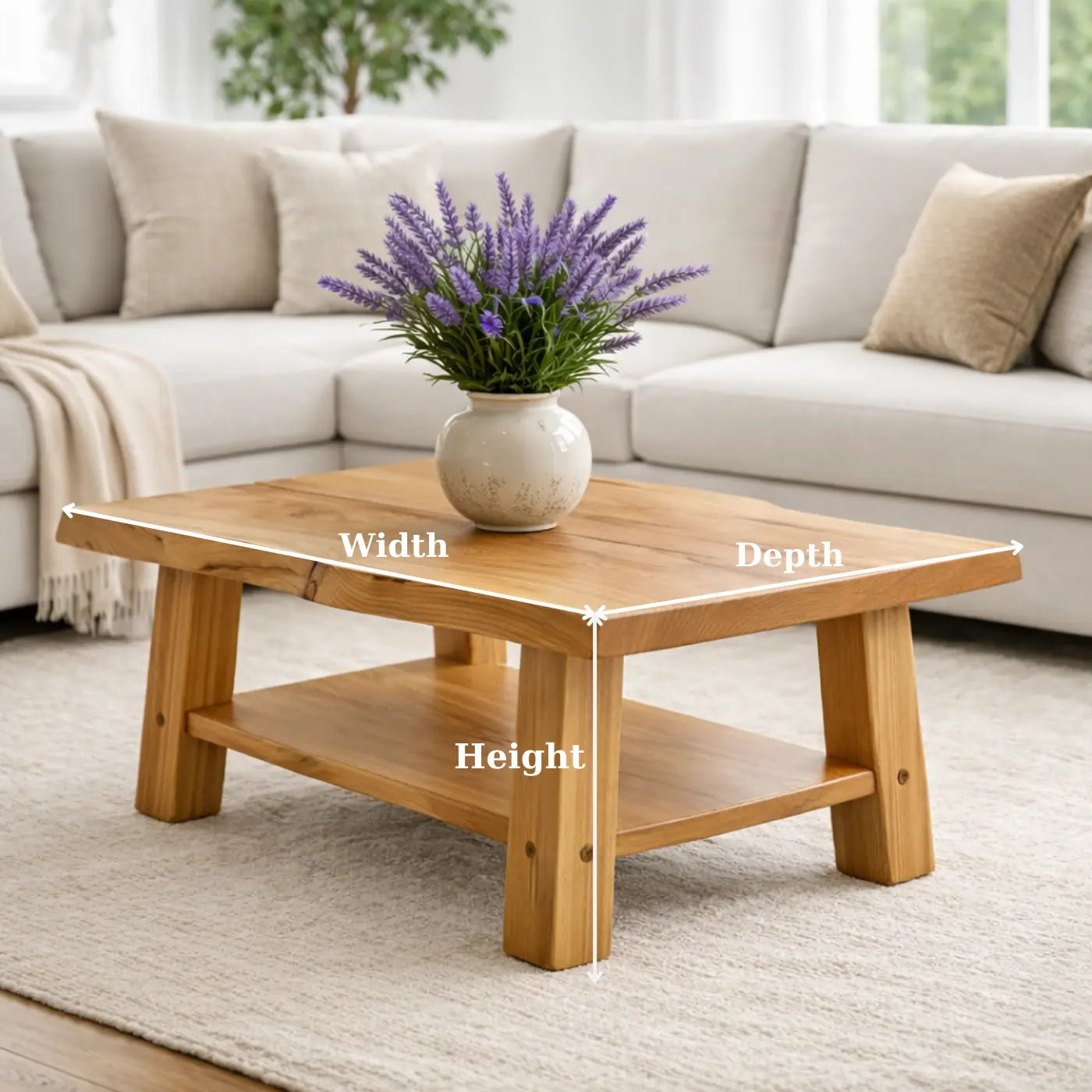Solid Wood Coffee Table with Storage Shelf Rustic Wooden Living Room Table Kitchnce