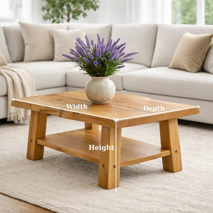 Solid Wood Coffee Table with Storage Shelf Rustic Wooden Living Room Table Kitchnce