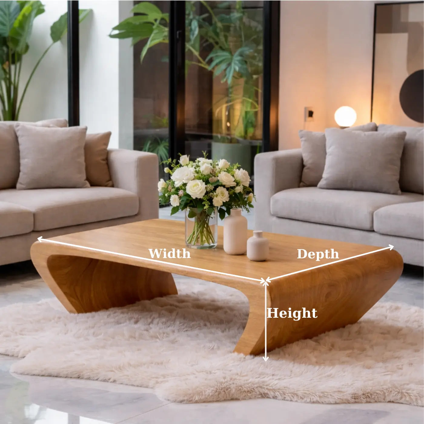Modern Solid Wood Coffee Table with Sculptural Curved Base Minimalist Living Room Table Kitchnce