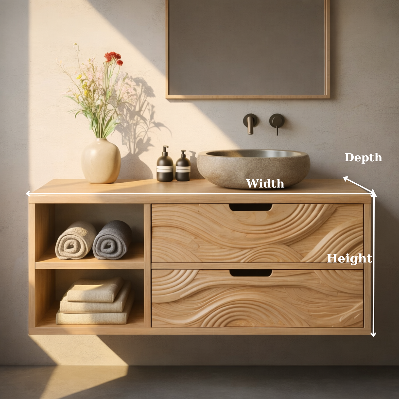 Floating Solid Wood Bathroom Vanity with Sculpted Wave Drawers and Open Shelf – Modern Organic Bathroom Cabinet Kitchnce