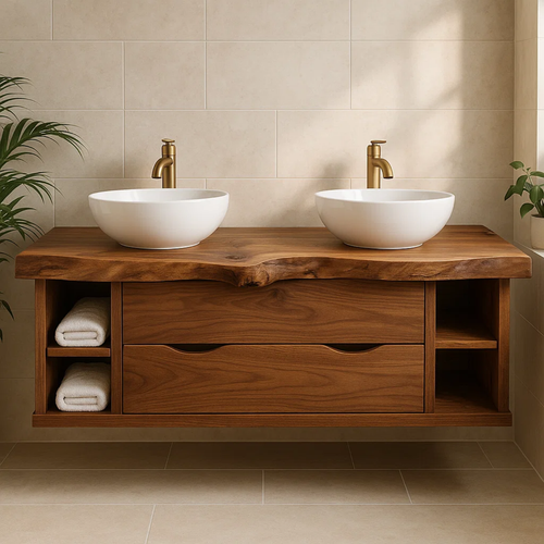 Handcrafted Solid Wood Live-Edge Double Vanity - Rustic Floating Console with Storage Kitchnce