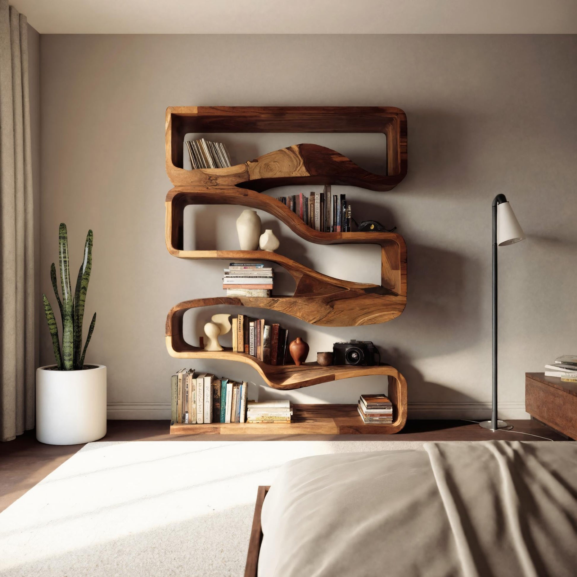 Modern Curved Bookshelf With Flowing Design For Bedroom Kitchnce